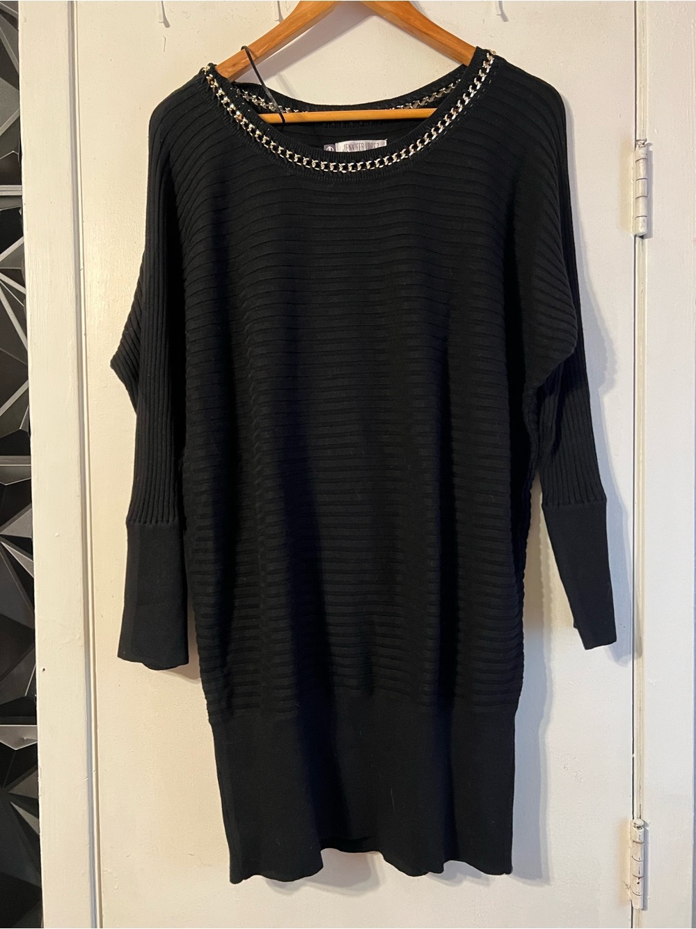 Jennifer Lopez Black Women's Ribbed Sweater with Chain-Trim Neckline